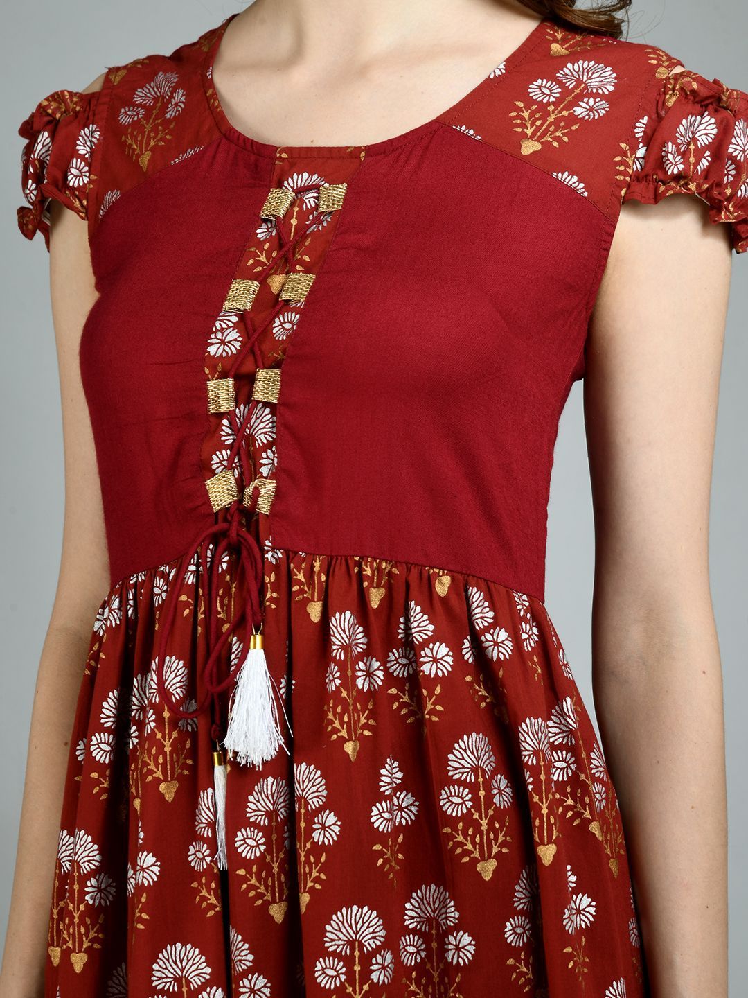 Women's Maroon Cotton Printed Sleeveless Round Neck Casual Dress