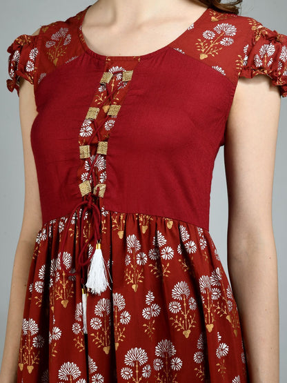 Women's Maroon Cotton Printed Sleeveless Round Neck Casual Dress