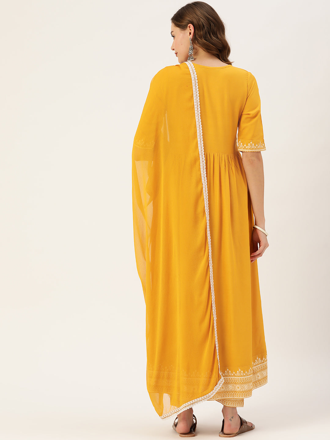 Women's Yellow Rayon Panelled Printed A-Line Kurta Trouser Set With Dupatta