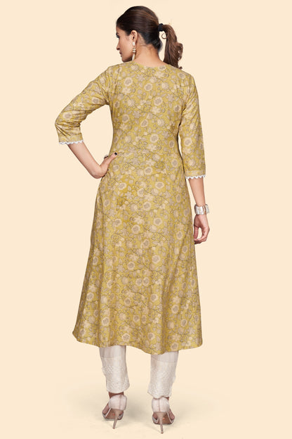 Women's Print & Embroidered A-Line Cotton Yellow Stitched Kurta