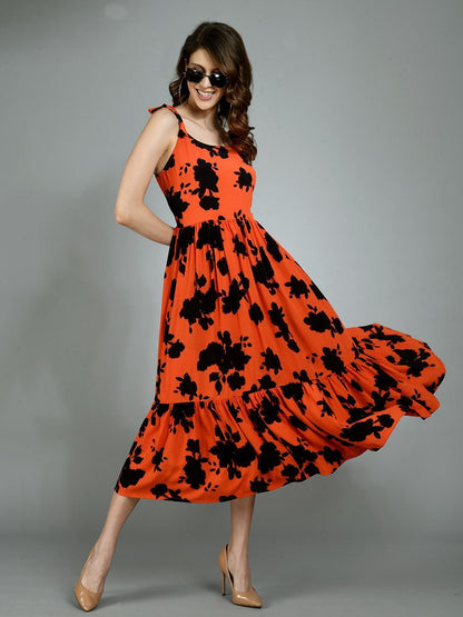 Women's Multi Rayon Printed Sleeveless Round Neck Casual Dress
