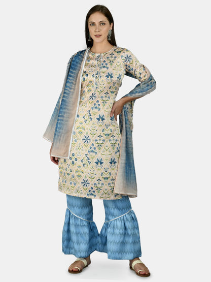 Women's Multi Silk Printed 3/4 Sleeve Round Neck Casual Kurta Palazzo Dupatta Set