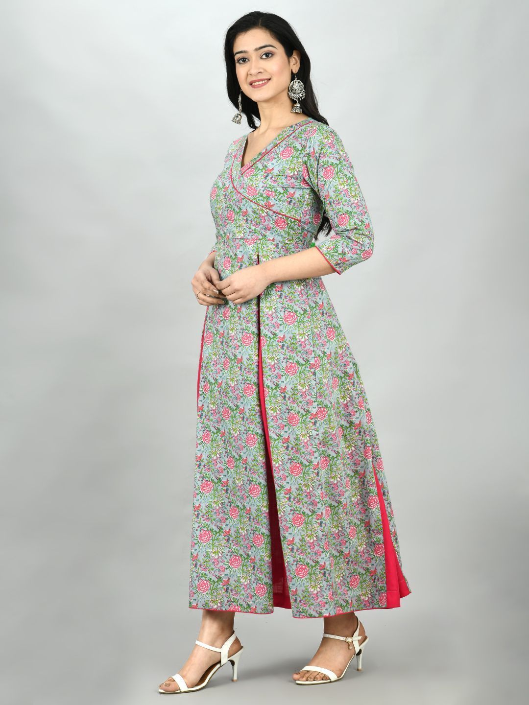 Women's Multi Cotton Printed 3/4 Sleeve V Neck Casual Dress