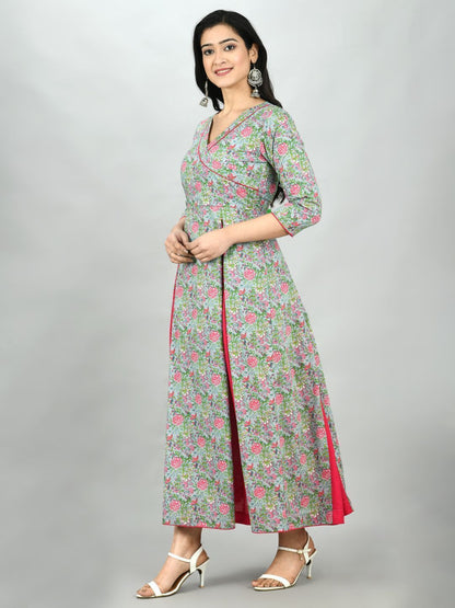 Women's Multi Cotton Printed 3/4 Sleeve V Neck Casual Dress