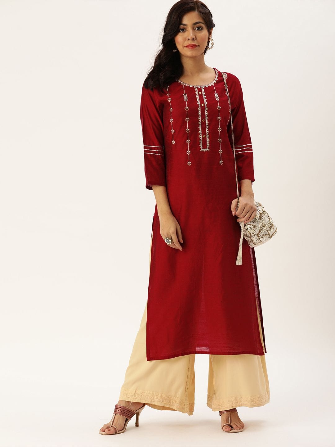 Women's Red & Silver-Toned Embroidered Straight Kurta