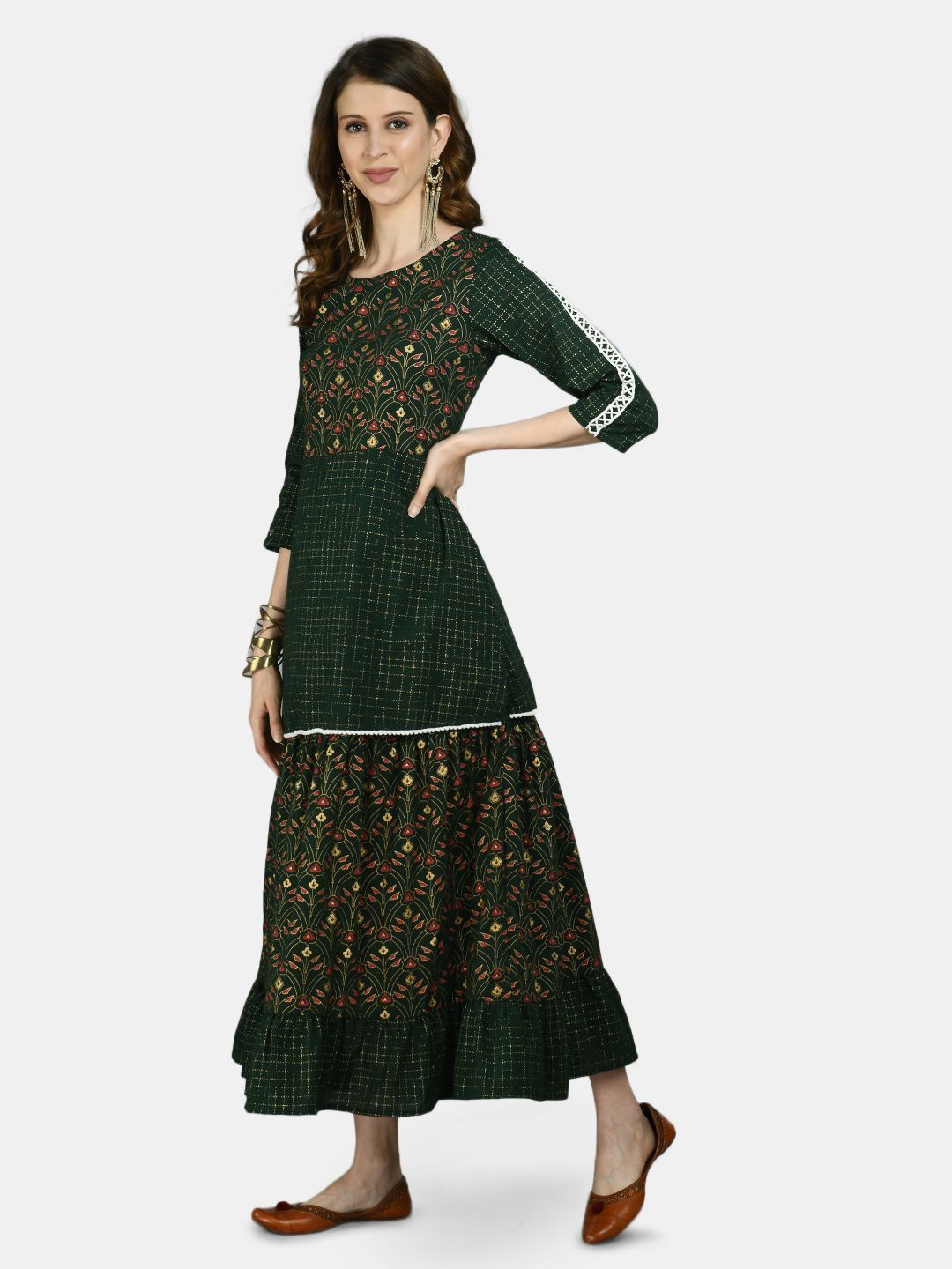 Women's Green Viscose Printed 3/4 Sleeve Round Neck Casual Dress
