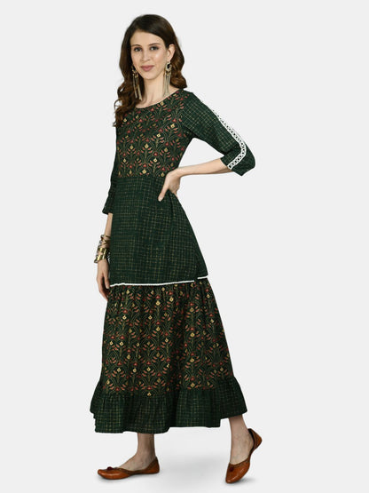 Women's Green Viscose Printed 3/4 Sleeve Round Neck Casual Dress