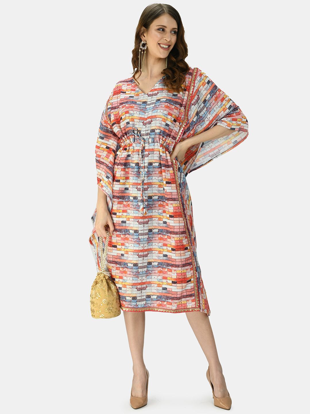 Women's Orange Multicolor Silk Blend Printed Half Sleeve V Neck Casual Kaftaan