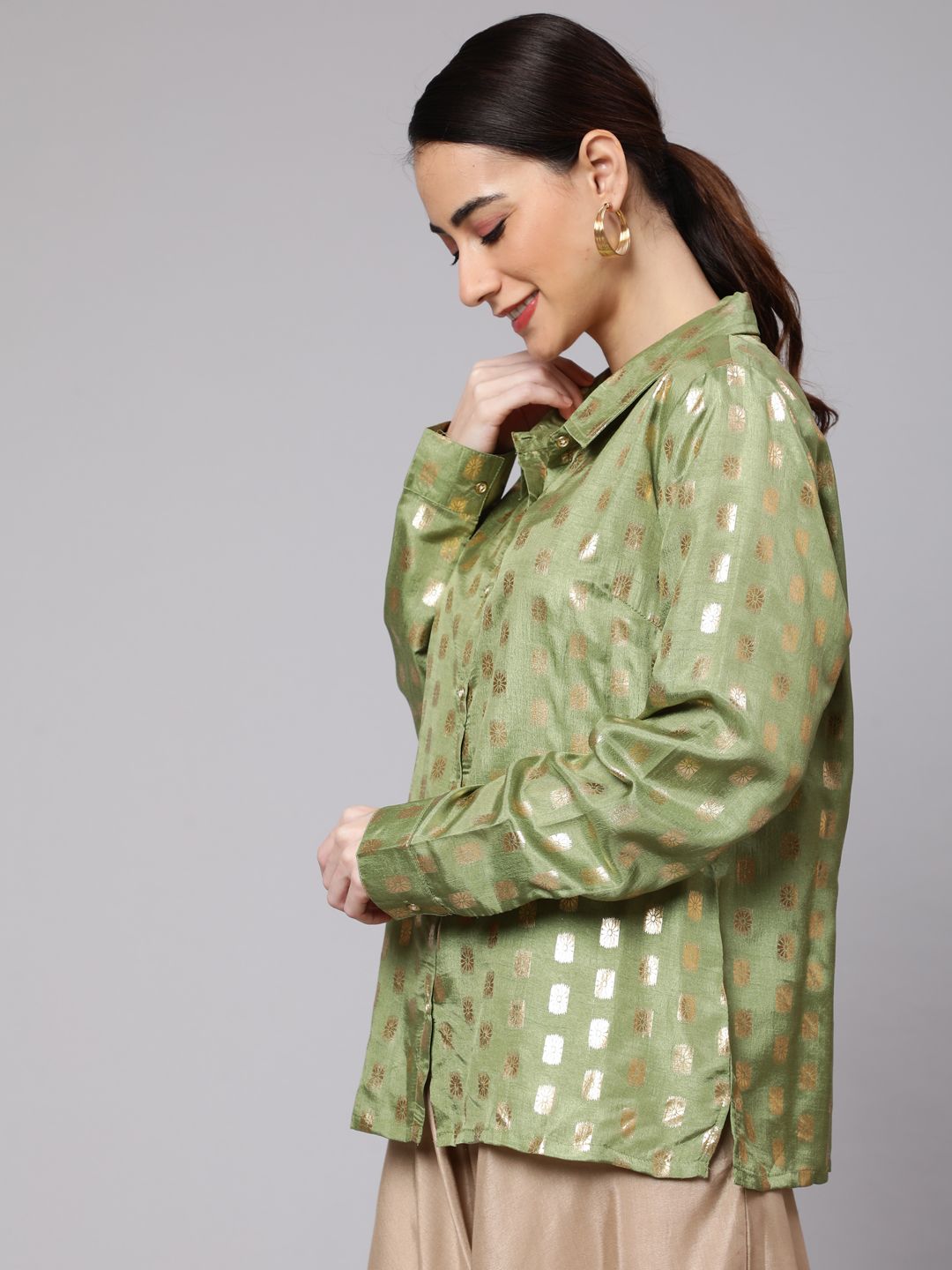 Women's Green Foil Printed Shirt