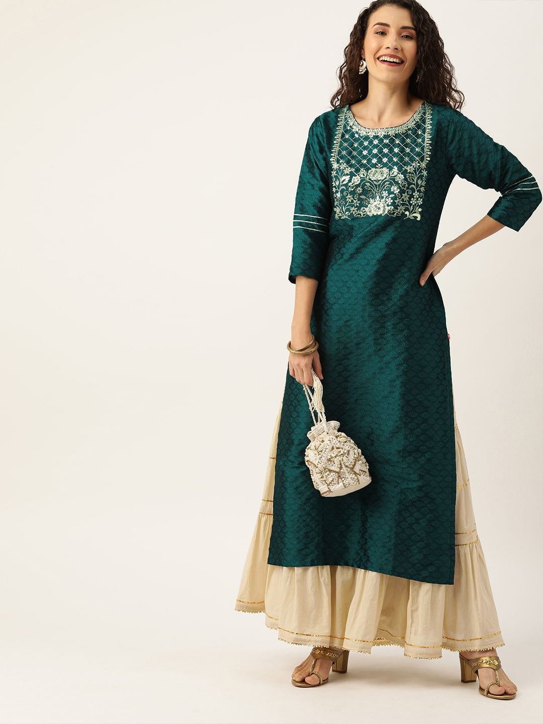 Women's Green & Silver-Toned Yoke Design Straight Kurta