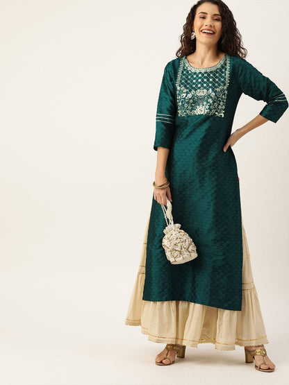 Women's Green & Silver-Toned Yoke Design Straight Kurta