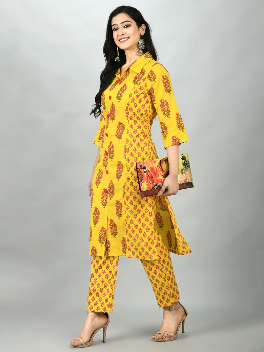 Women's Yellow Cotton Printed 3/4 Sleeve Shirt Coller Casual Kurta Pant Set
