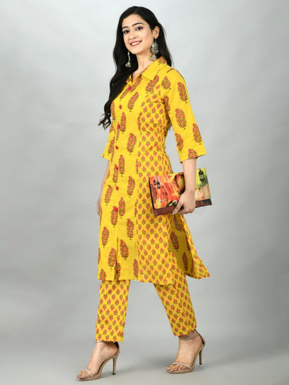 Women's Yellow Cotton Printed 3/4 Sleeve Shirt Coller Casual Kurta Pant Set