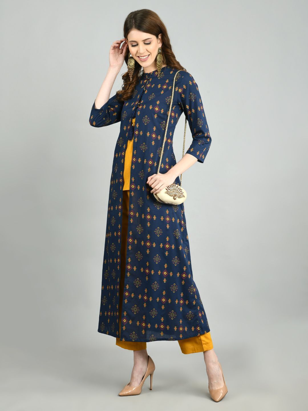 Women Navy Blue Cotton Printed Shrug, Top and Pant Set by Myshka (