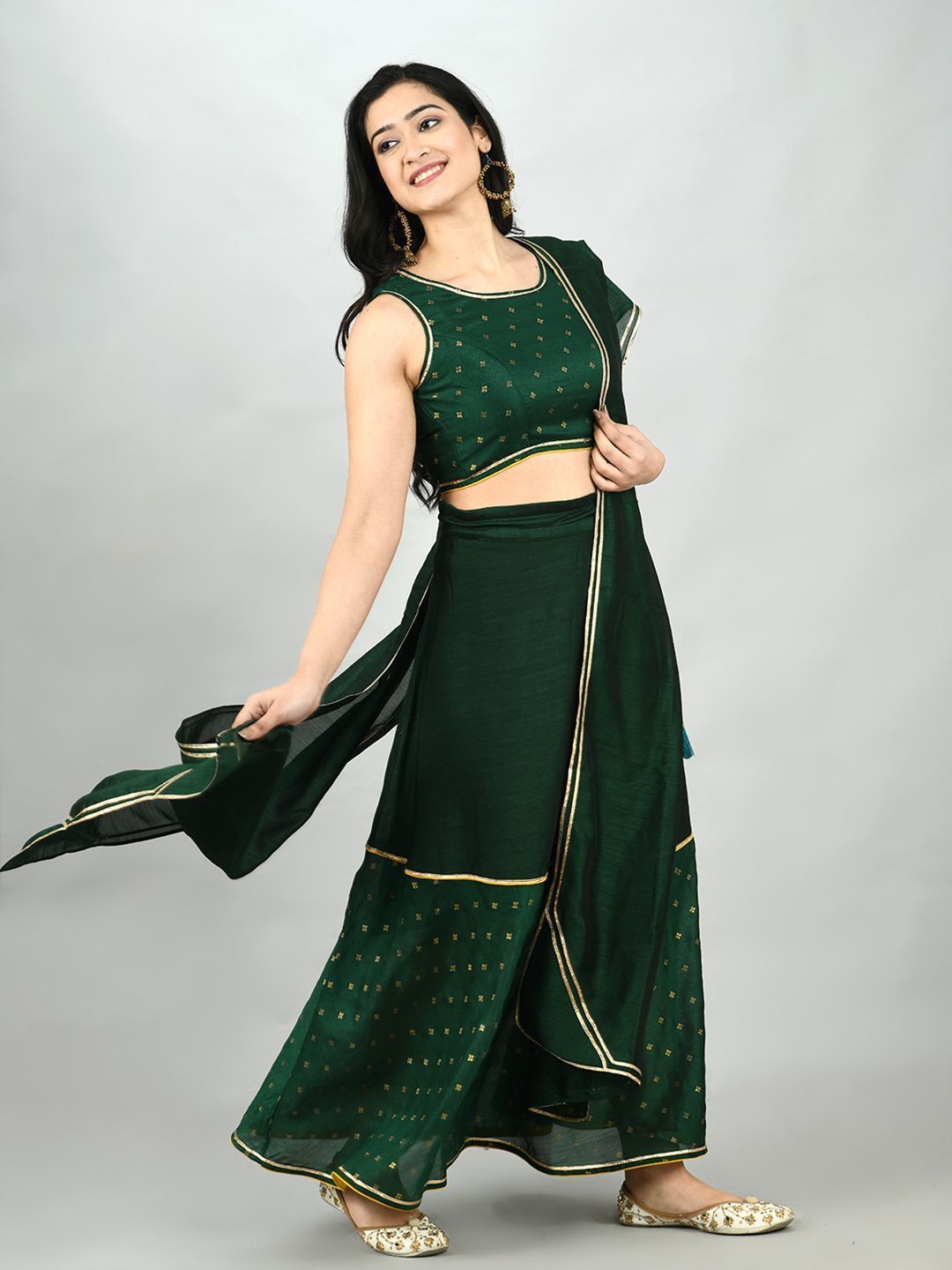 Green Georgette Printed Sleeveless Round Neck Casual Blouse Lehenga Dupatta Set