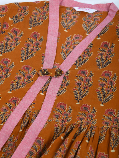 Women's Brown Cotton Printed Full Sleeve V Neck Casual Shrug