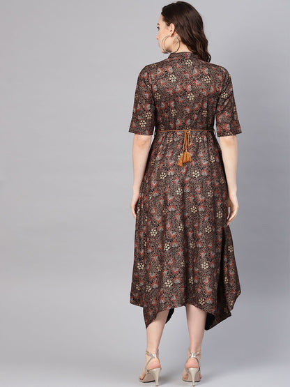 Women's Rayon Printed Asymmetric Dress With Belt