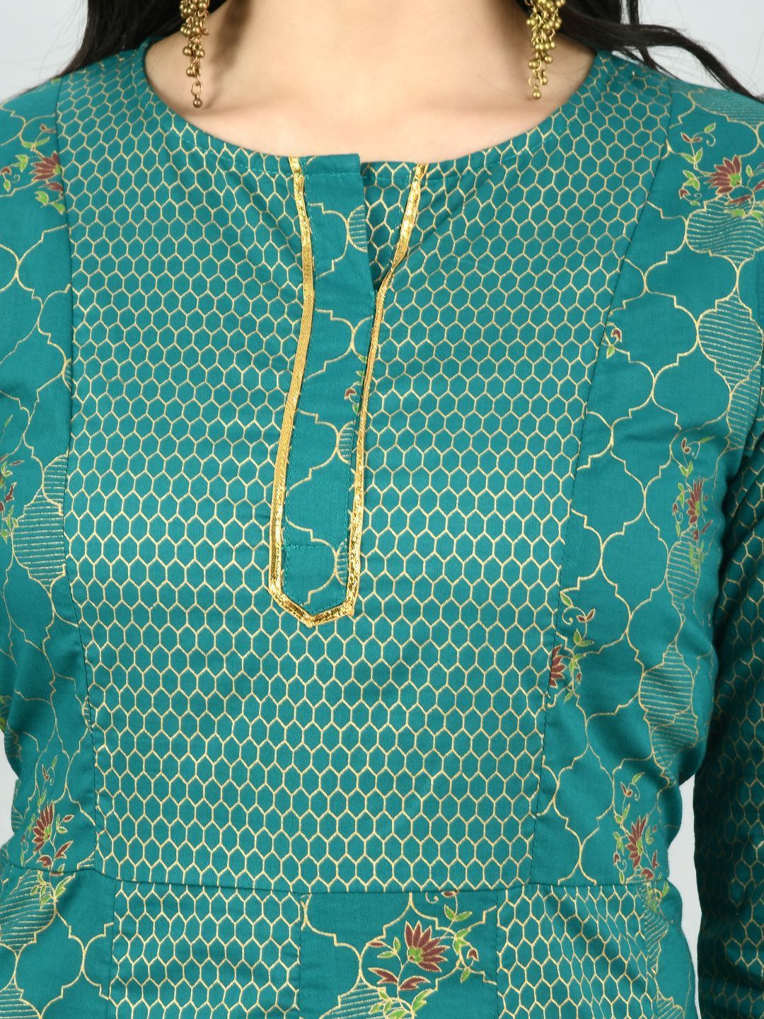 Women's Green Cotton Printed 3/4 Sleeve Round Neck Casual Dress