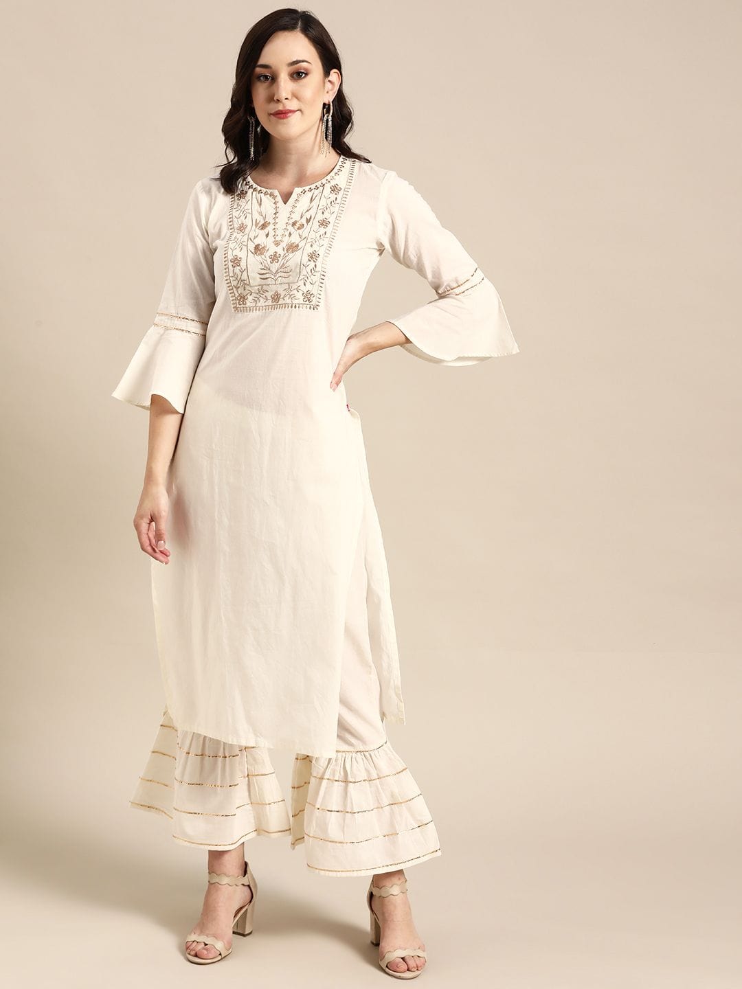 Women's Off-White Embroidered Kurta With Palazzos