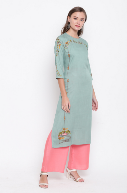 Women's Light Green Rayon Kurta By Vbu