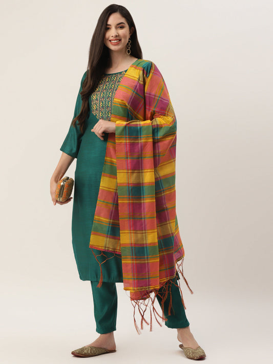 Women's Green Rayon Blend Embroidered Straight Kurta Trouser Set With Dupatta