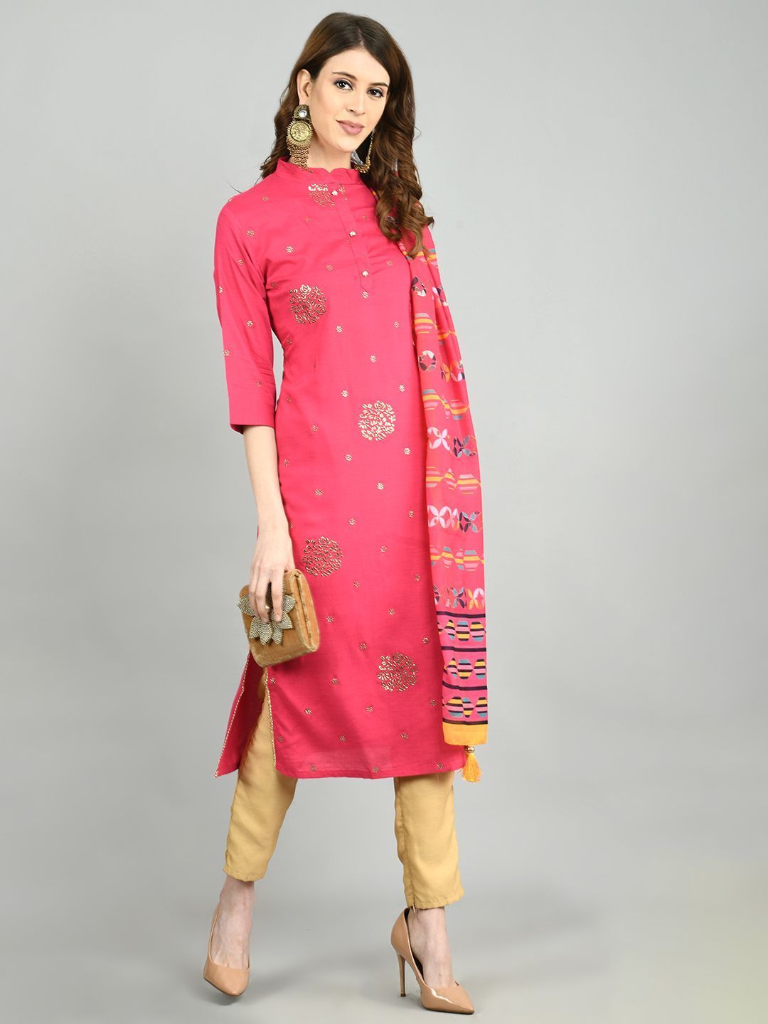 Women's Pink Cotton Printed 3/4 Sleeve Mandarin Neck Casual Kurta Dupatta Set