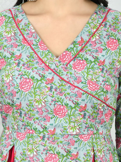 Women's Multi Cotton Printed 3/4 Sleeve V Neck Casual Dress