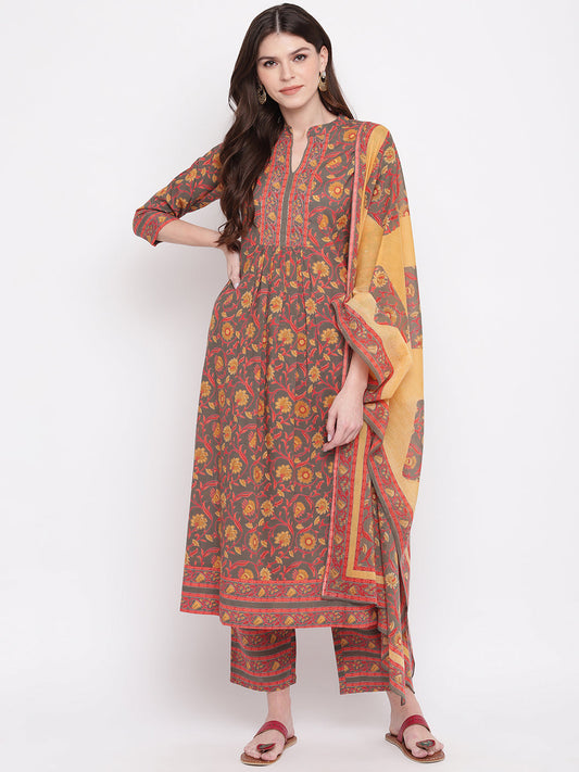 Women's Yellow, Grey Kurta With Palazzo & Dupatta By Vbuyz (3