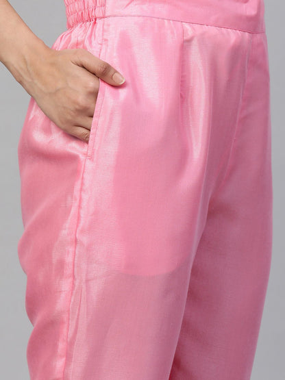 Women's Pink A-Line Printed Kurta Pant & Dupatta Set with Mask