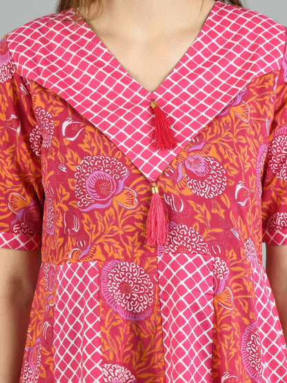 Women's Pink Cotton Printed Half Sleeve V Neck Casual Dress