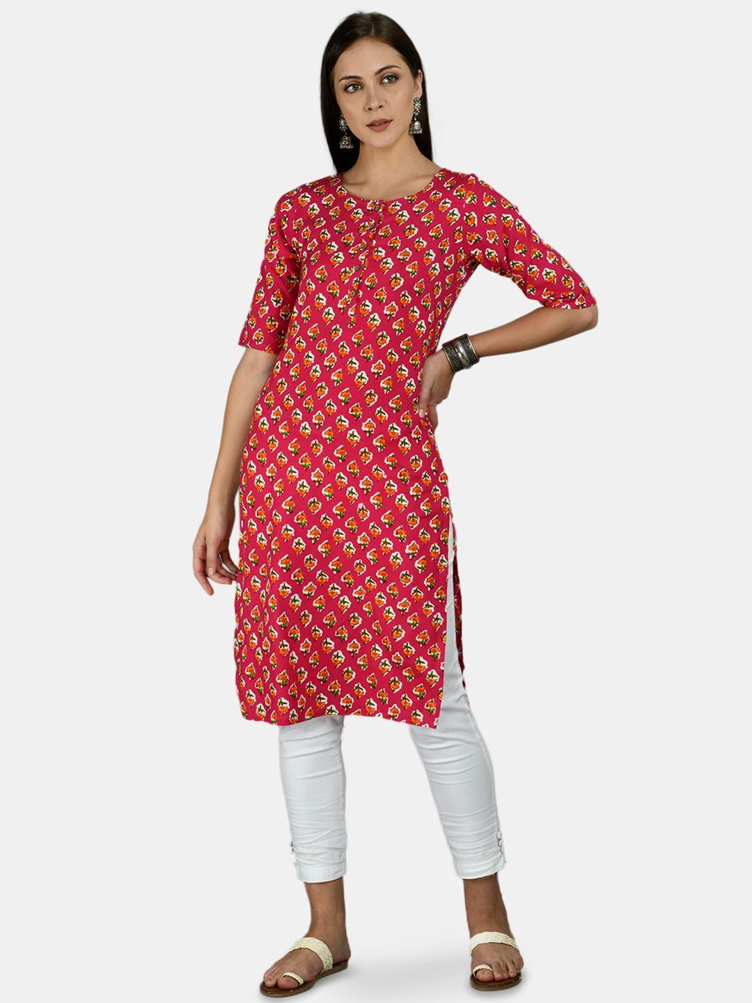 Women's Pink Cotton Printed Half Sleeve Round Neck Casual Kurta