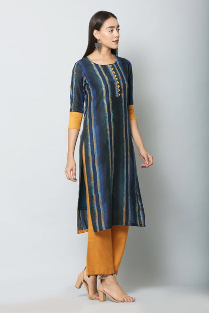 Women's Blue Color Muslin Straight Printed Kurta Pant Set