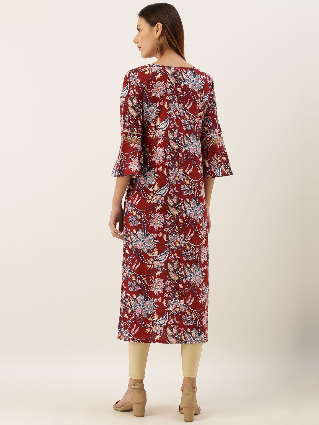 Women's Maroon & Blue Floral Printed Straight Kurta With Gotta Patti Detail
