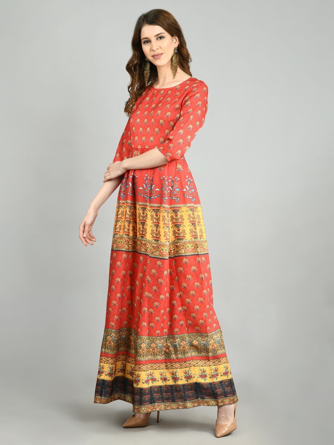 Women Red Cotton Printed Dress by Myshka (
