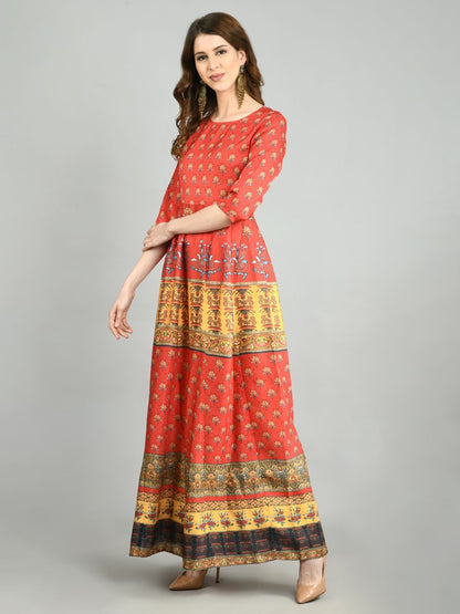 Women Red Cotton Printed Dress by Myshka (