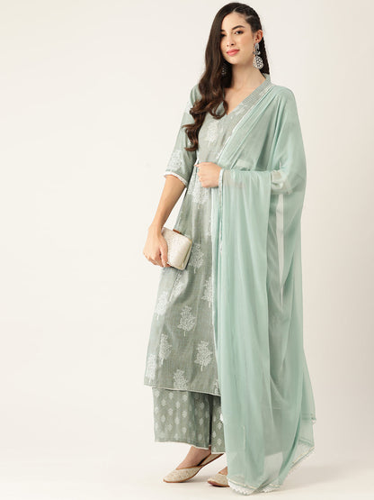 Women's Green Color Rayon Blend Printed Kurta Palazzo With Dupatta