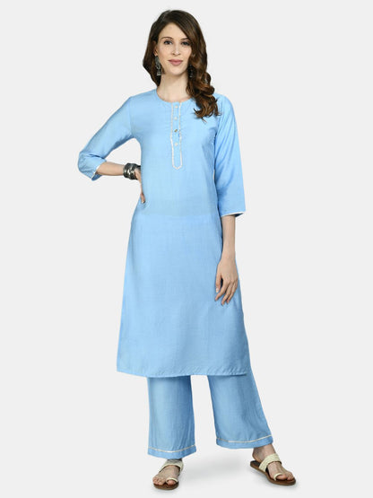 Women's Blue Cotton Solid 3/4 Sleeve Round Neck Casual Kurta Pant Dupatta Set