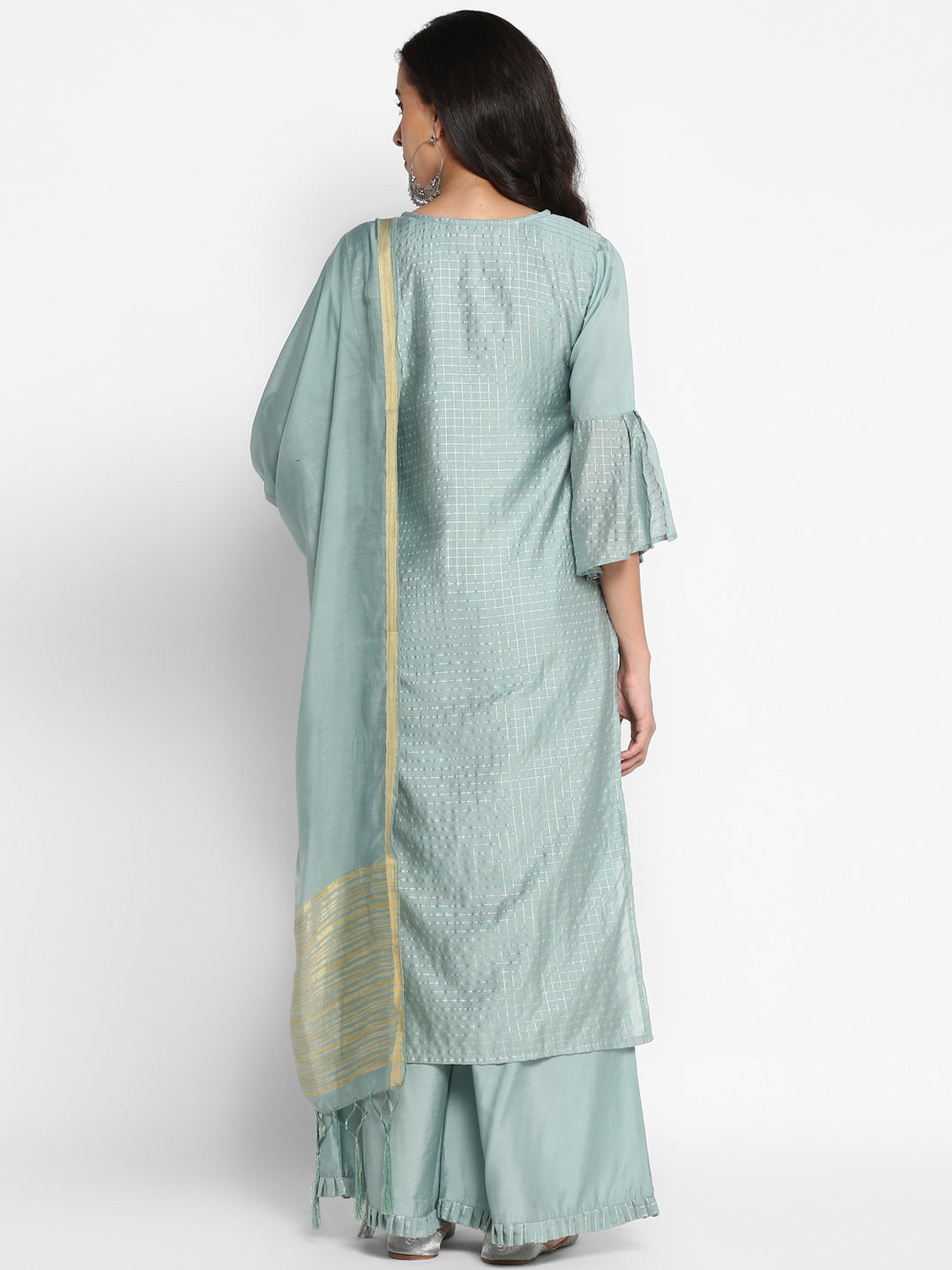 Women's Grey Color Silk Blend Straight Printed Kurta Palazzo With Dupatta