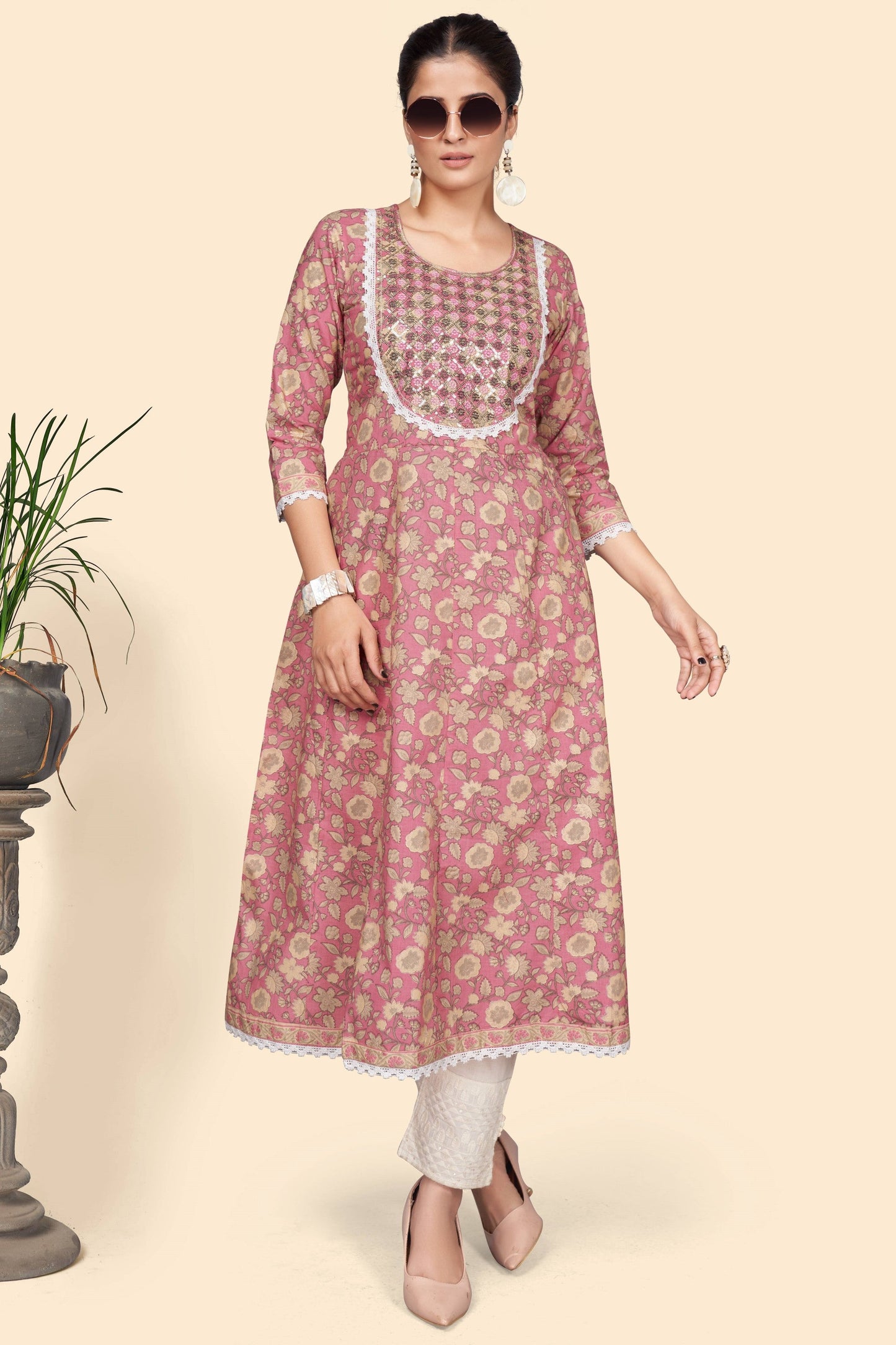 Women's Print & Embroidered A-Line Cotton Pink Stitched Kurta
