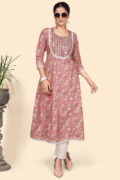 Women's Print & Embroidered A-Line Cotton Pink Stitched Kurta