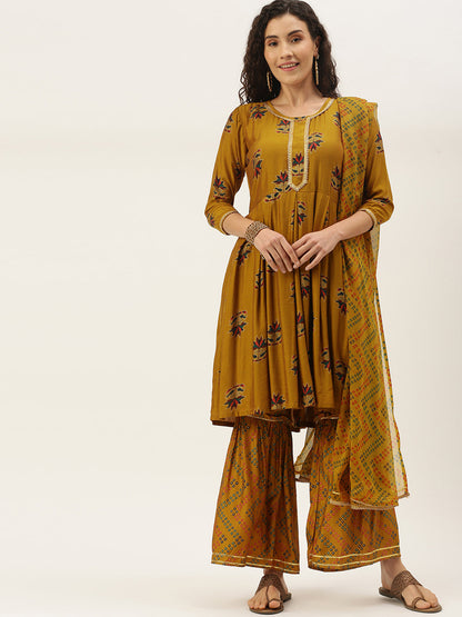 Women's Mustard Color Muslin Foil Printed Kurta Sharara With Dupatta