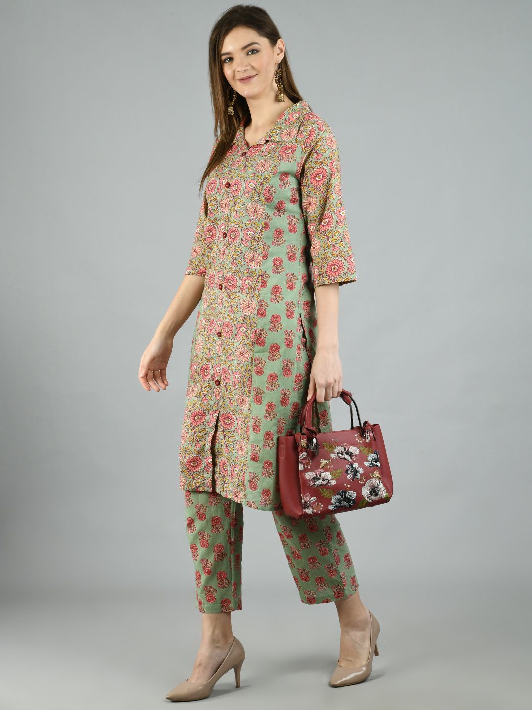 Women's Multi Cotton Printed 3/4 Sleeve Shirt Coller Casual Kurta Pant Set