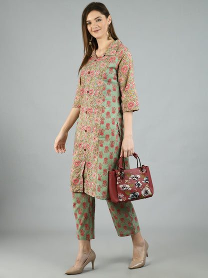 Women's Multi Cotton Printed 3/4 Sleeve Shirt Coller Casual Kurta Pant Set