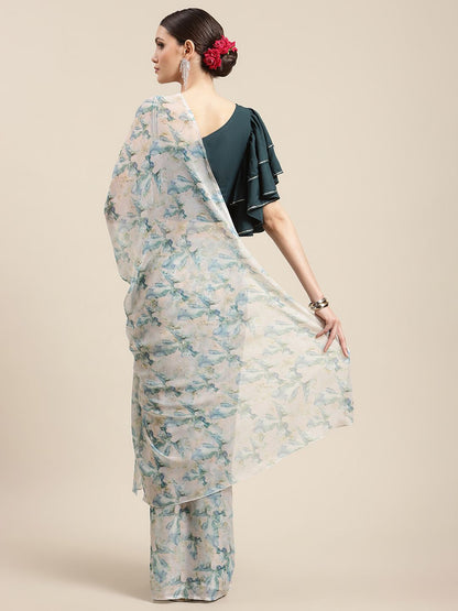 Women's Off White Chiffon Abstract Digital Print Saree