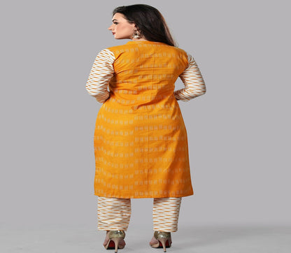 Women's Yellow Color Cotton Blend Straight Printed Kurta Pant Set With Dupatta