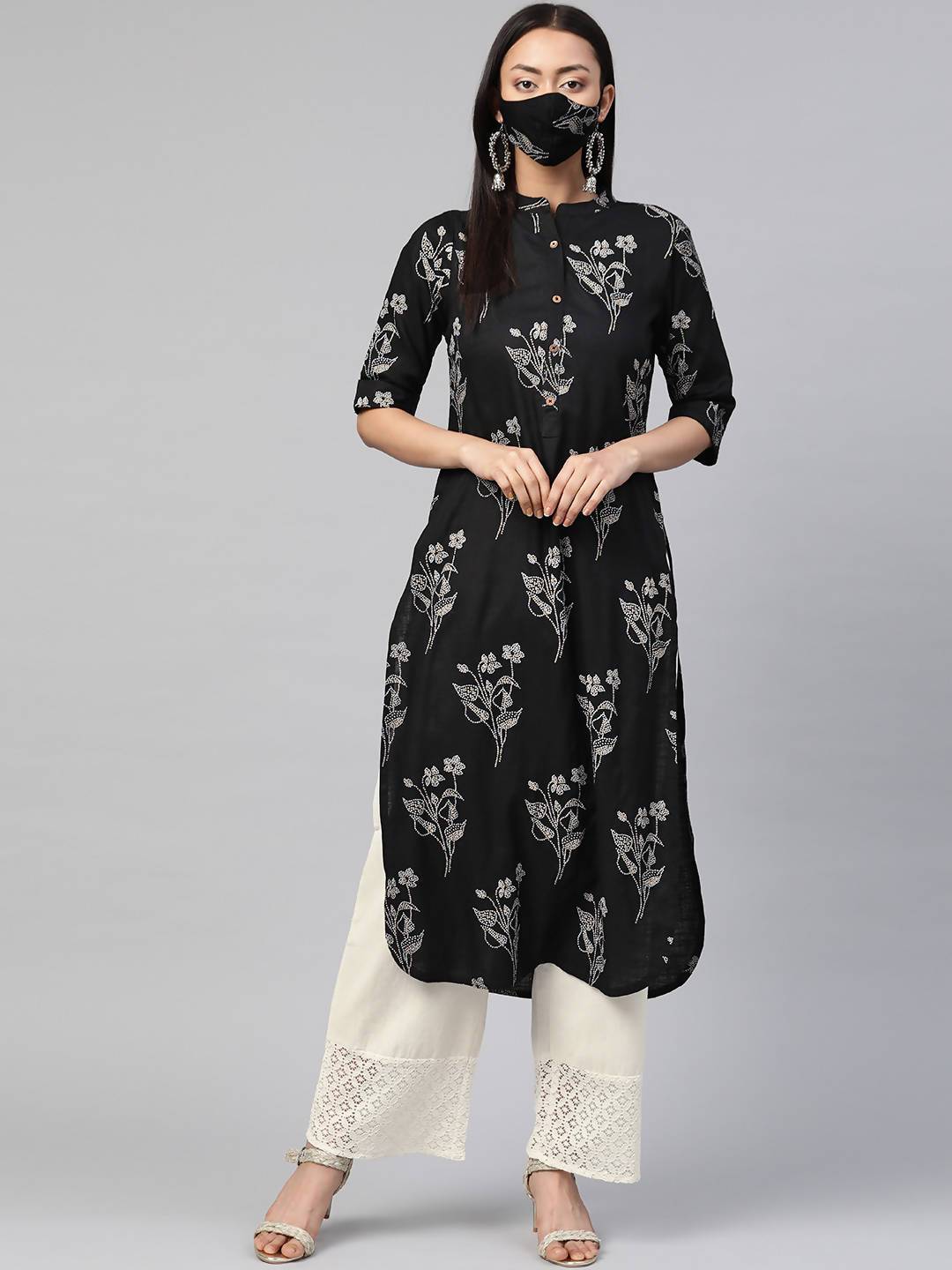 Buy_Women's_Black_Rayon_Slub_Bandhani_Straight_Kurta_With_Mask_Online_Trendia