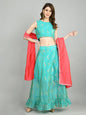 Green Chanderi Printed Sleeveless Round Neck Casual Blouse Lehenga Dupatta Set