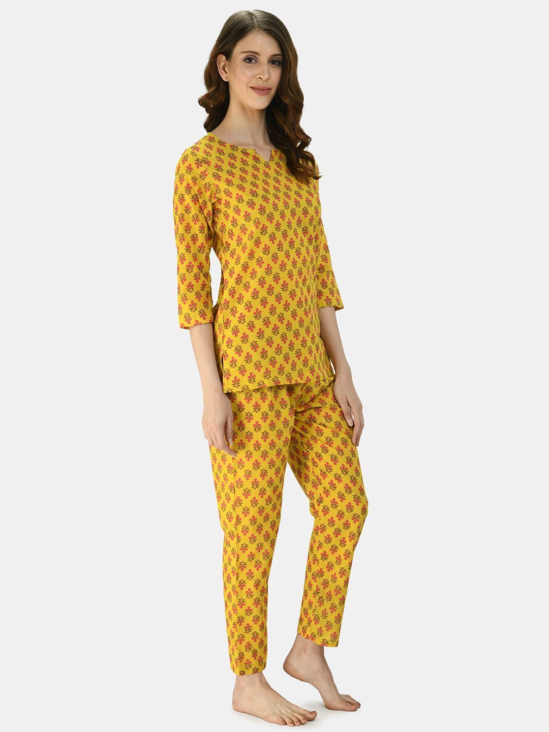 Women's Turmeric Yellow Cotton Printed Half Sleeve V Neck Casual Night Suit