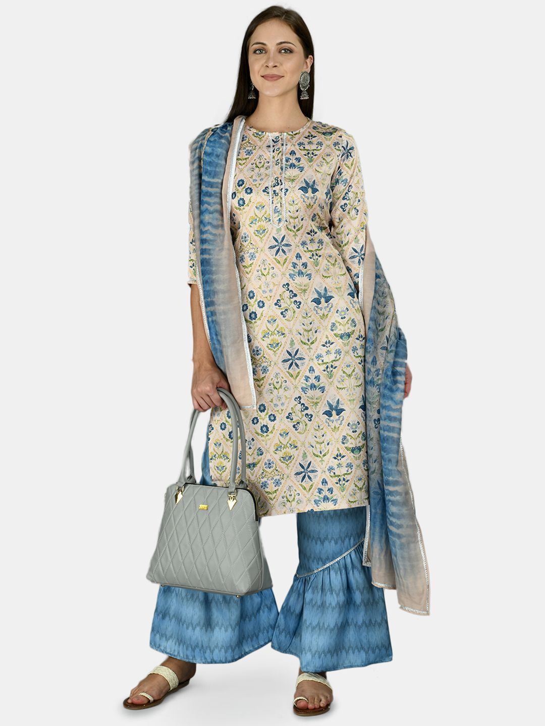 Women's Multi Silk Printed 3/4 Sleeve Round Neck Casual Kurta Palazzo Dupatta Set