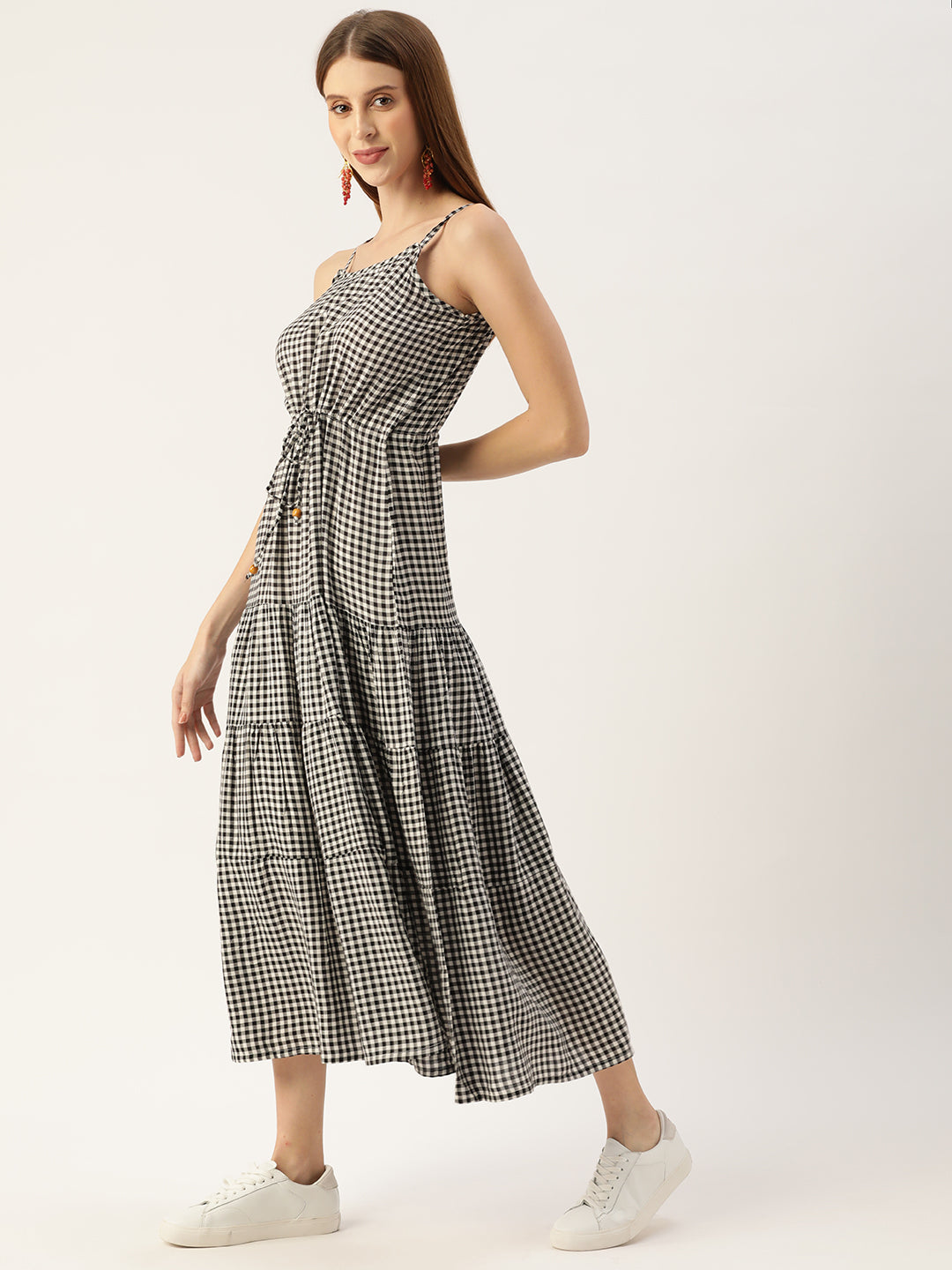 Women's Black&White Color Rayon Ckecked A-Line Layered Dress